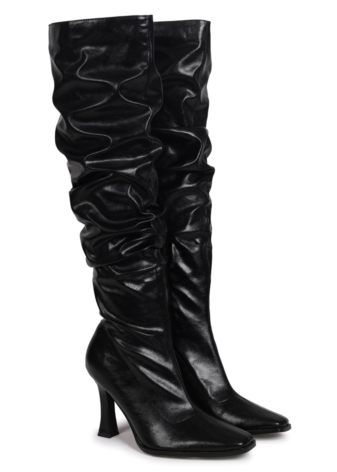 靴 CTHY LEATHER HEEL BOOTS byAnnonay Linzi Berry Black Faux Leather Long Ruched Heel Boot - Matalan