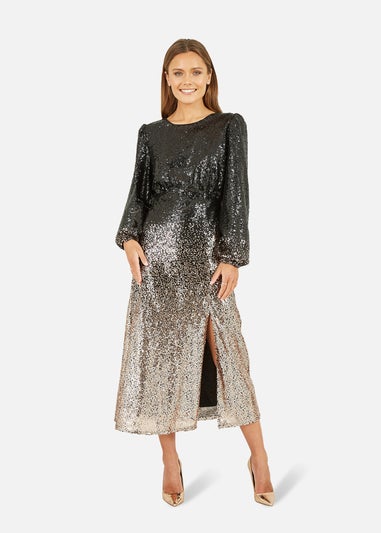 Yumi Black And Gold Sequin Ombre Long Sleeve Midi Dress