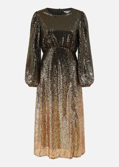 Yumi Black And Gold Sequin Ombre Long Sleeve Midi Dress