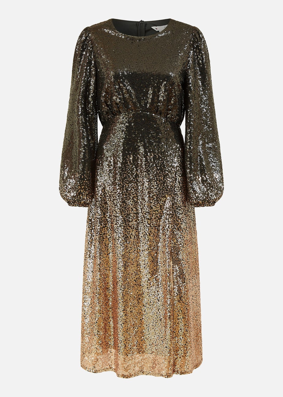 Yumi Black And Gold Sequin Ombre Long Sleeve Midi Dress