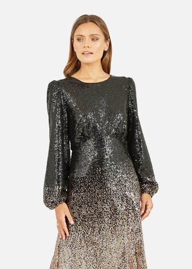 Yumi Black And Gold Sequin Ombre Long Sleeve Midi Dress