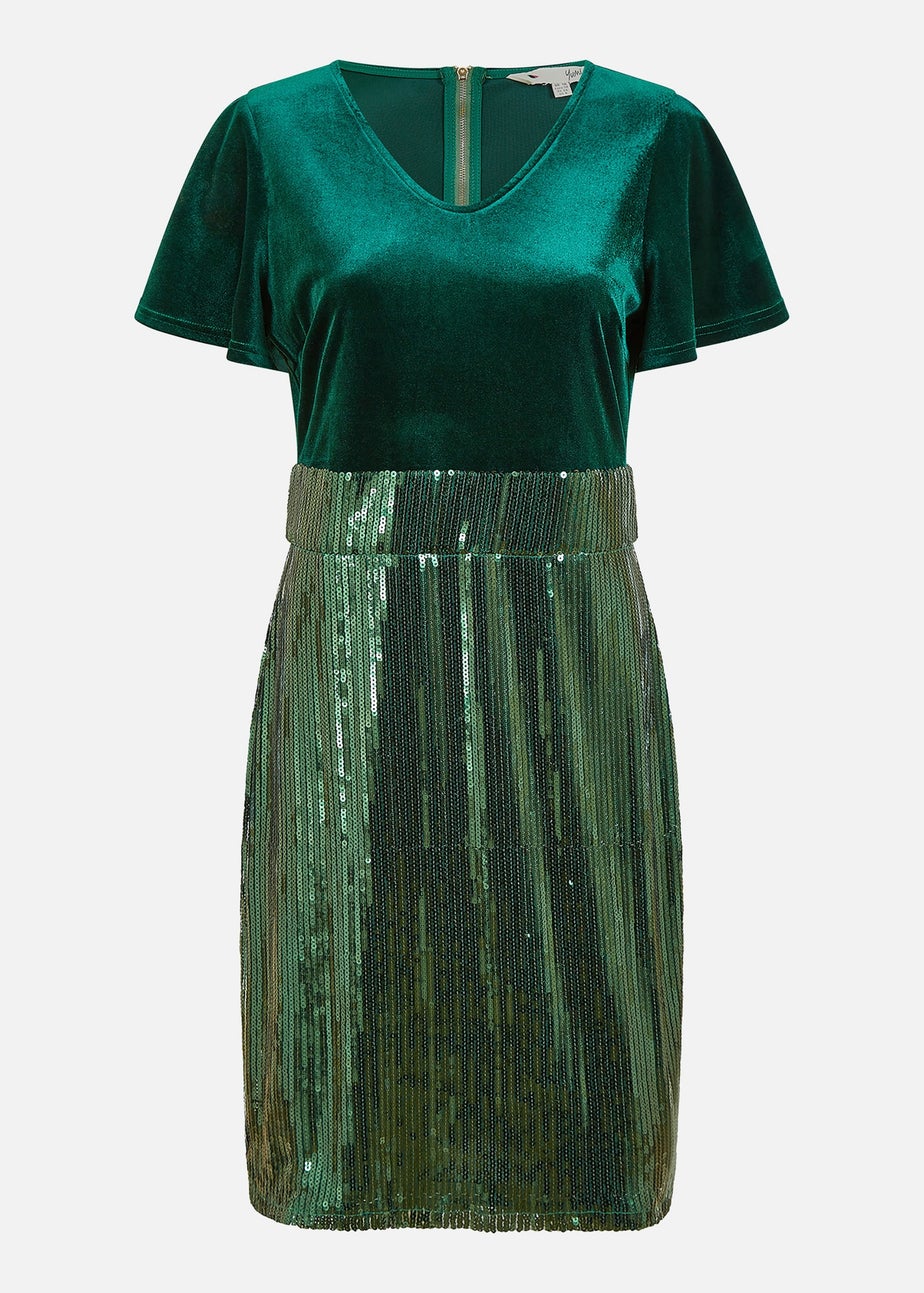 Yumi Green Velvet And Sequin Fitted Dress
