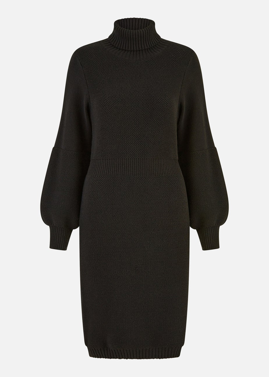 Yumi Black Roll Neck Knitted Dress With Fitted Waist