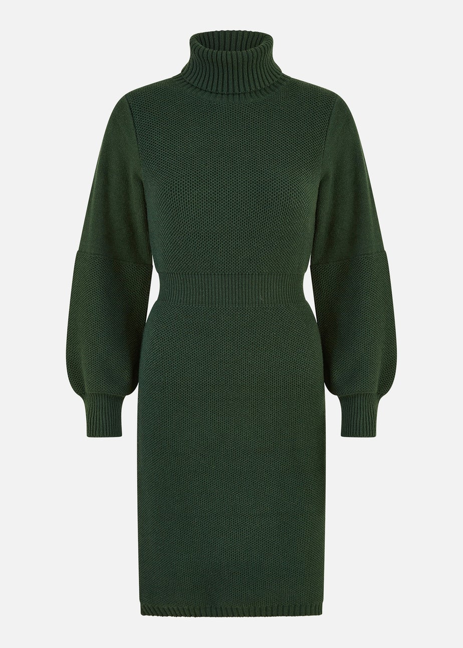 Yumi Green Roll Neck Knitted Dress With Fitted Waist