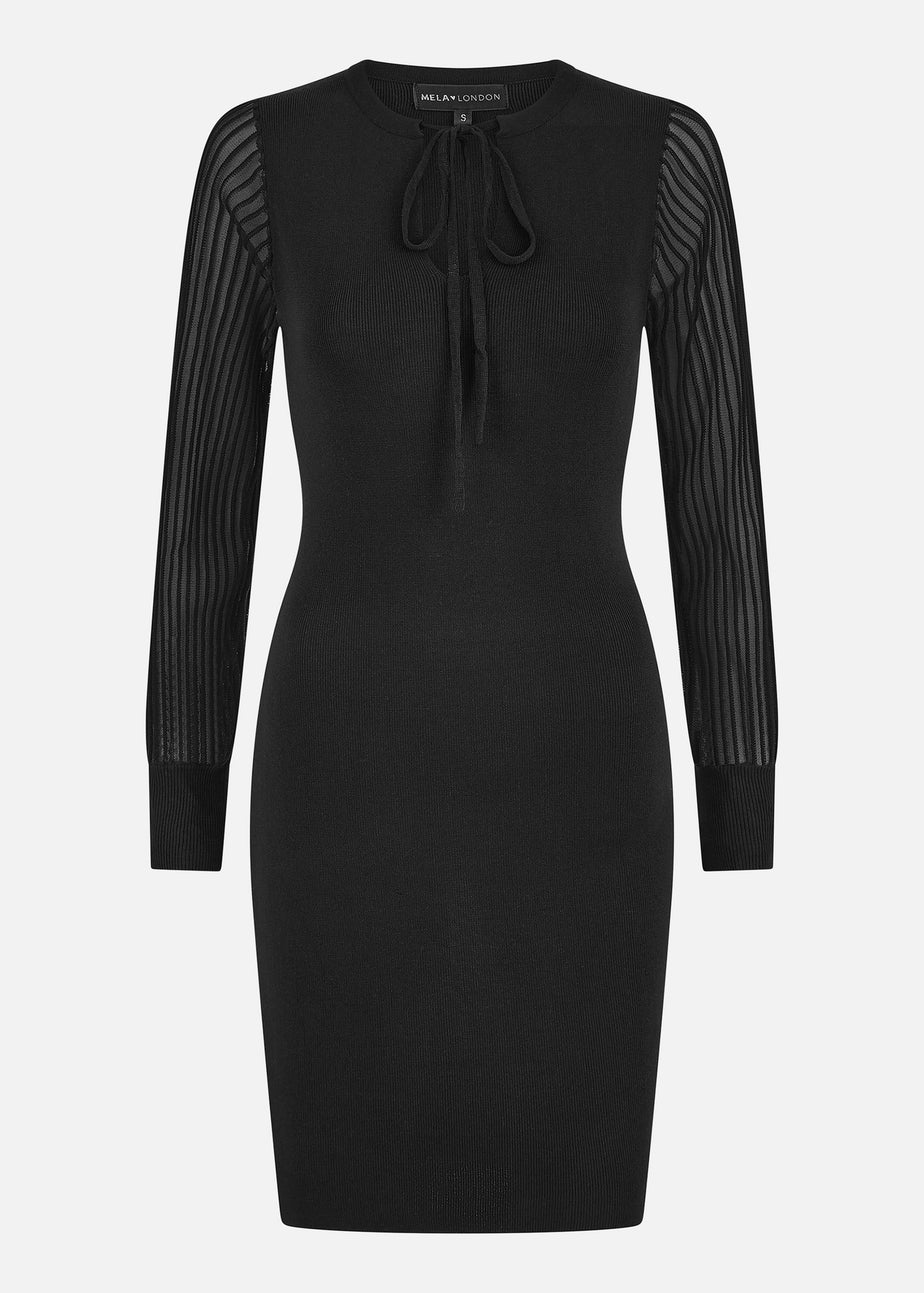 Yumi Black Rib Knit Fitted Dress With Sheer Sleeve Design