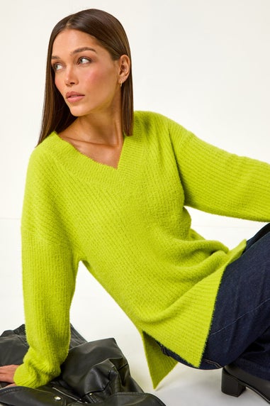 Roman Lime Plain V-Neck Fluffy Knit Jumper