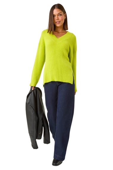 Roman Lime Plain V-Neck Fluffy Knit Jumper