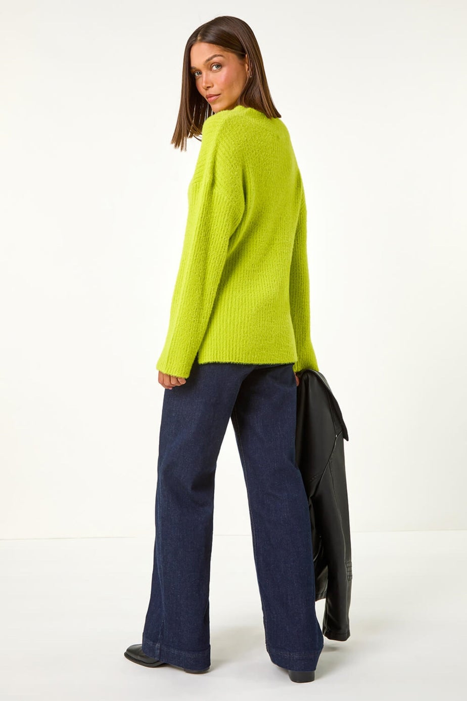 Roman Lime Plain V-Neck Fluffy Knit Jumper