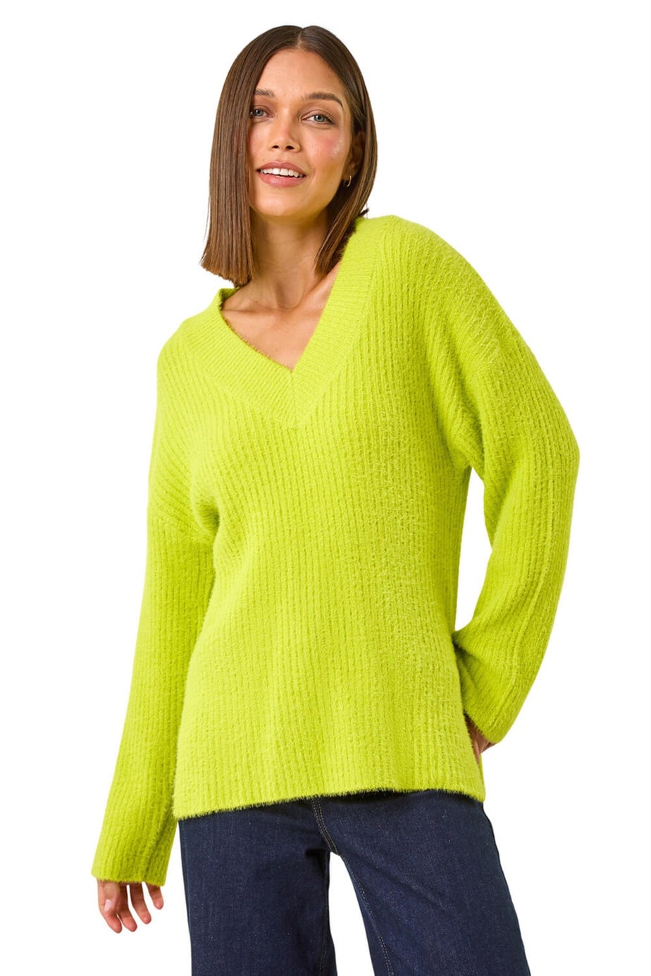 Roman Lime Plain V-Neck Fluffy Knit Jumper