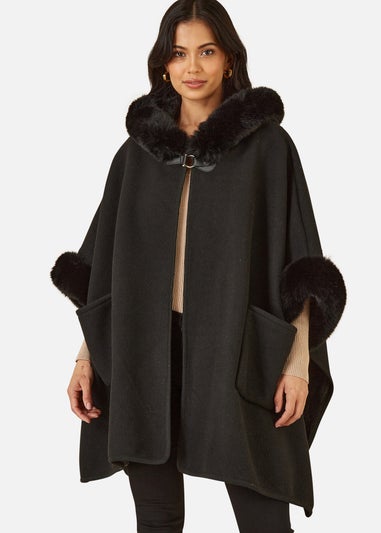 Yumi Black Cape With Luxe Fur Trim And Lining