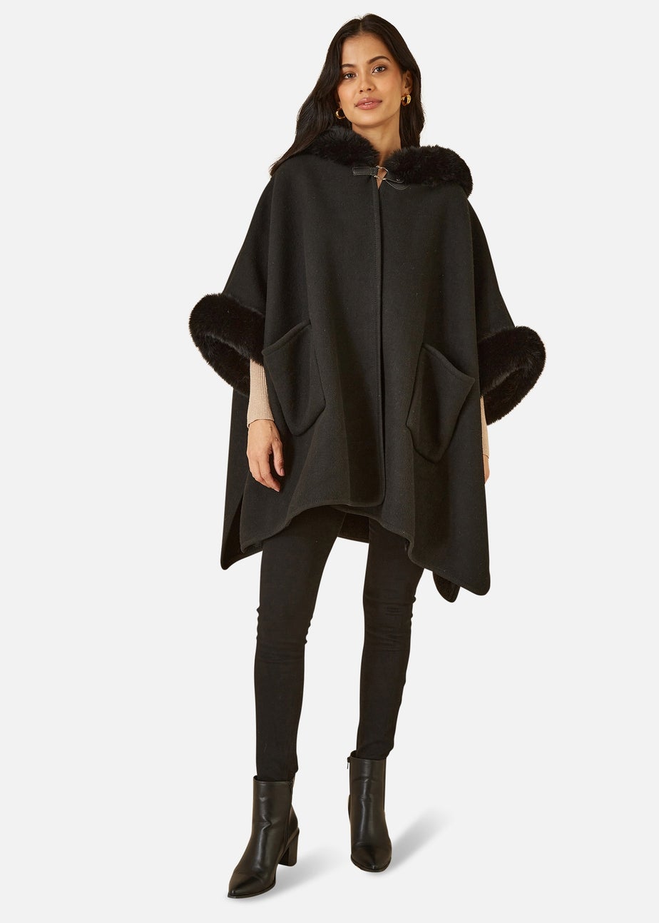 Yumi Black Cape With Luxe Fur Trim And Lining