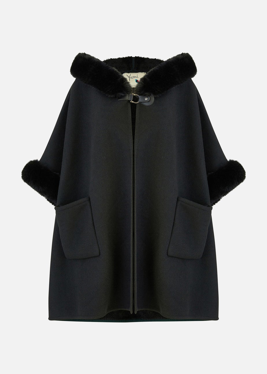 Yumi Black Cape With Luxe Fur Trim And Lining