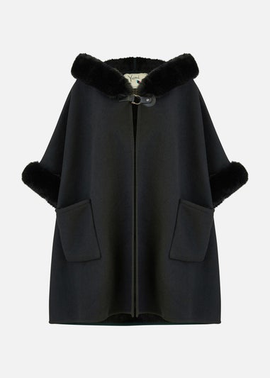 Yumi Black Cape With Luxe Fur Trim And Lining