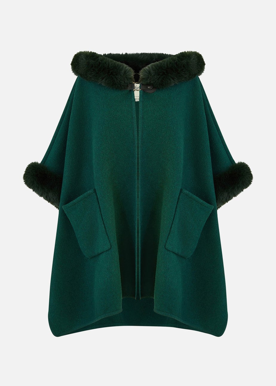 Yumi Green Cape With Luxe Fur Trim And Lining