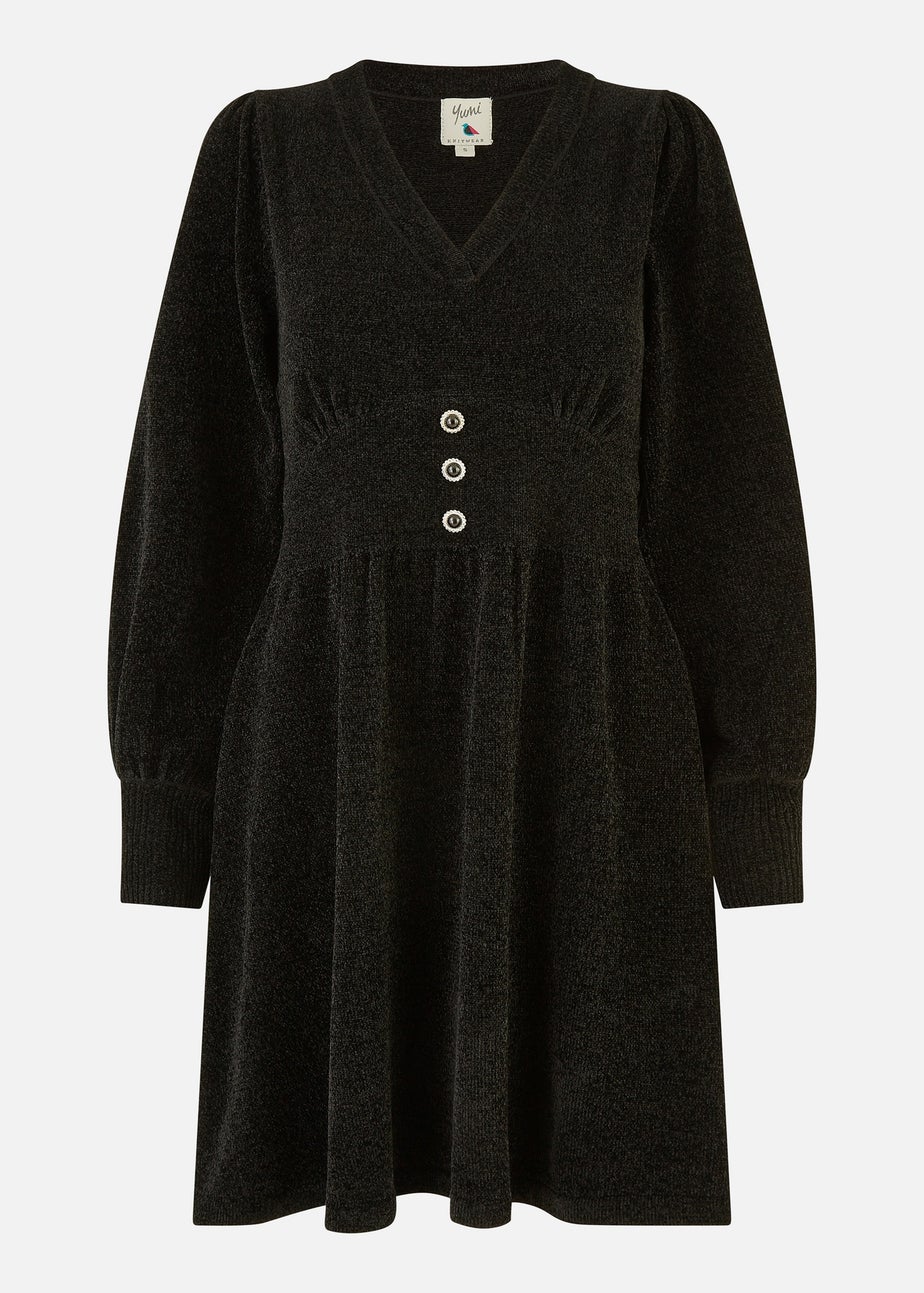 Yumi Black V Neck Empire Line Knitted Skater Dress