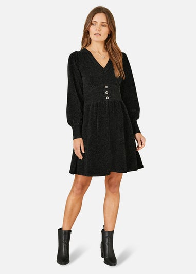 Yumi Black V Neck Empire Line Knitted Skater Dress