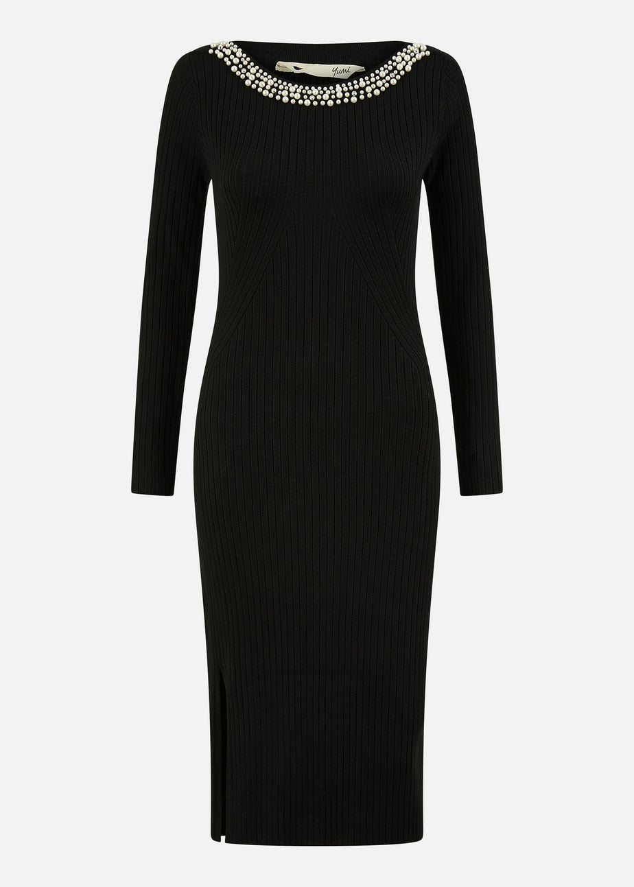 Yumi Black Pearl Neckline Fitted Midi Knitted Dress