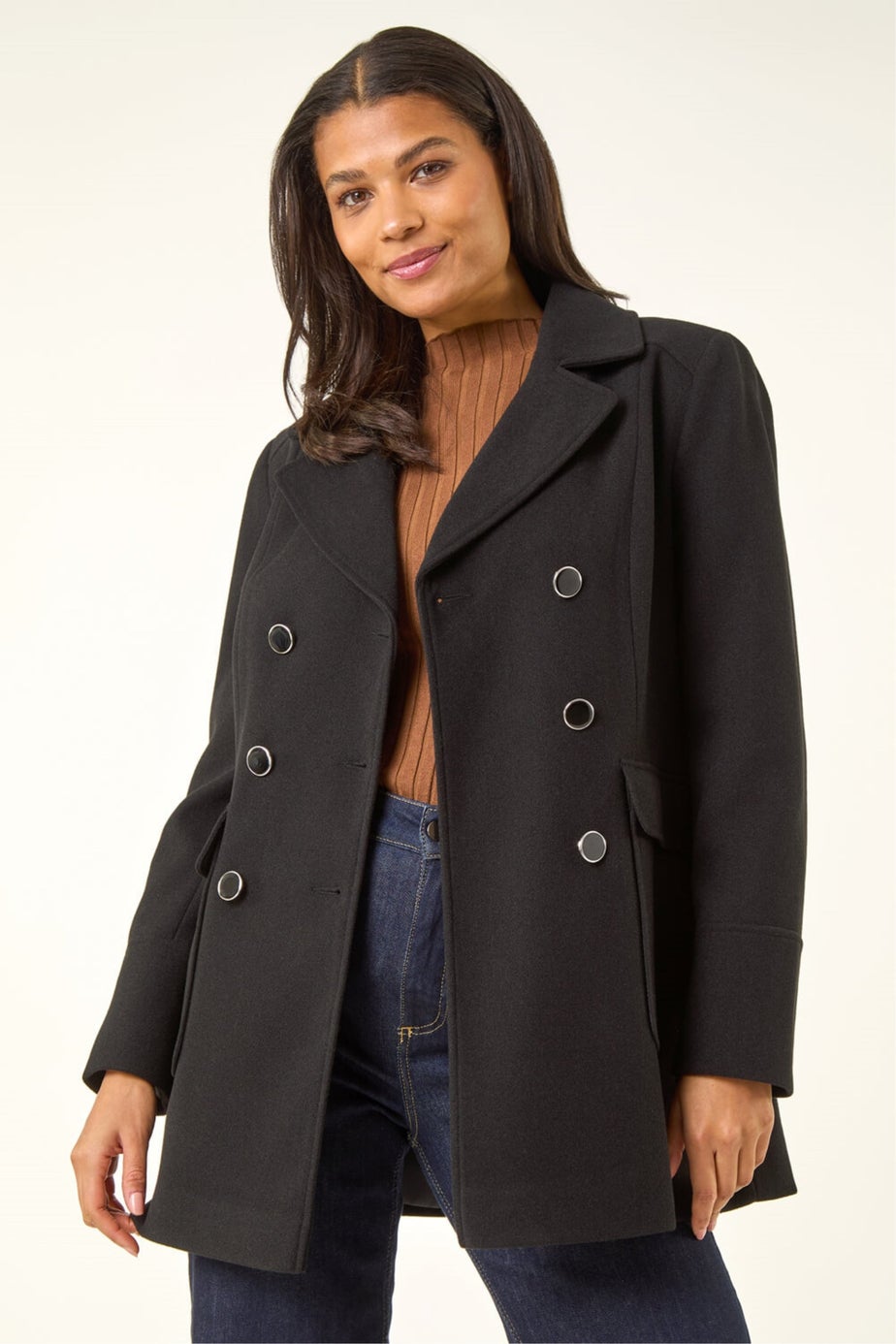 Roman Black Double Breasted Longline Coat