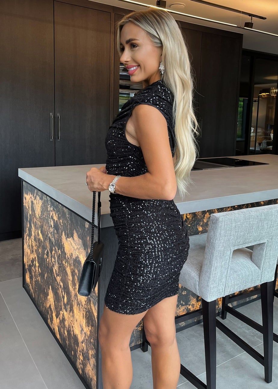 AX Paris Black Sequin High Neck Ruched Bodycon Mini Dress