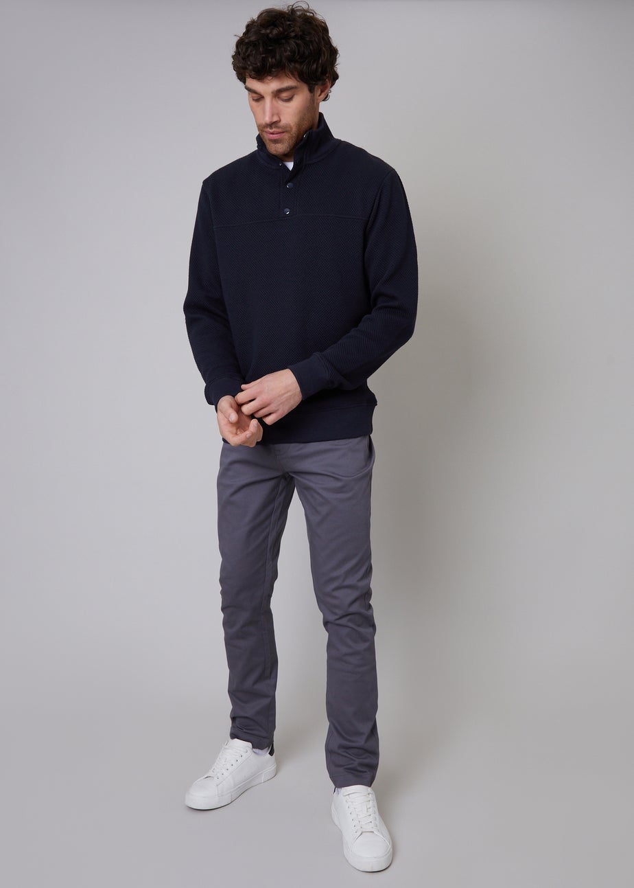 Threadbare Navy Funnel Neck Waffle Textured Sweatshirt