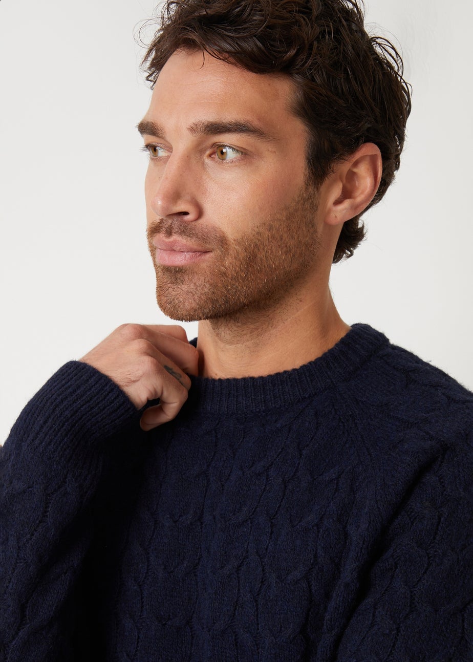Threadbare Navy Raglan Sleeve Cable Knit Crew Neck Jumper