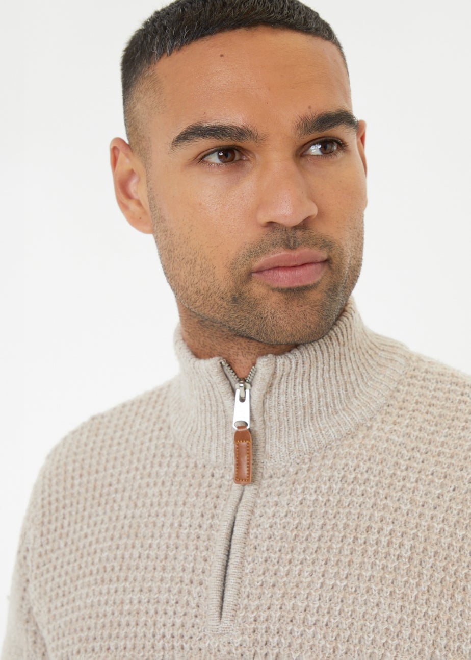 Threadbare Natural Waffle Knit Quarter Zip Jumper