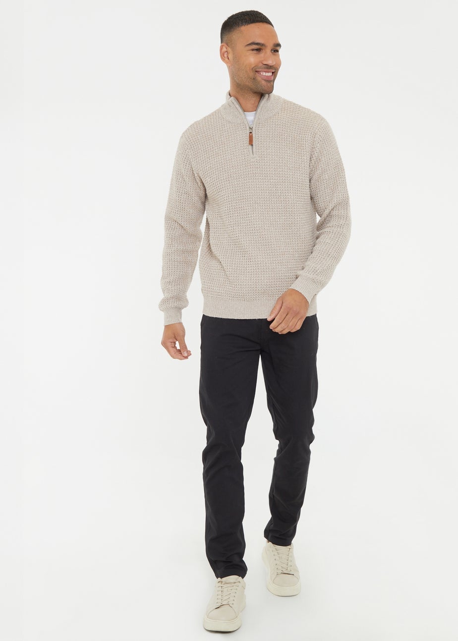 Threadbare Natural Waffle Knit Quarter Zip Jumper