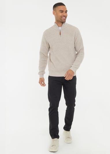 Threadbare Natural Waffle Knit Quarter Zip Jumper