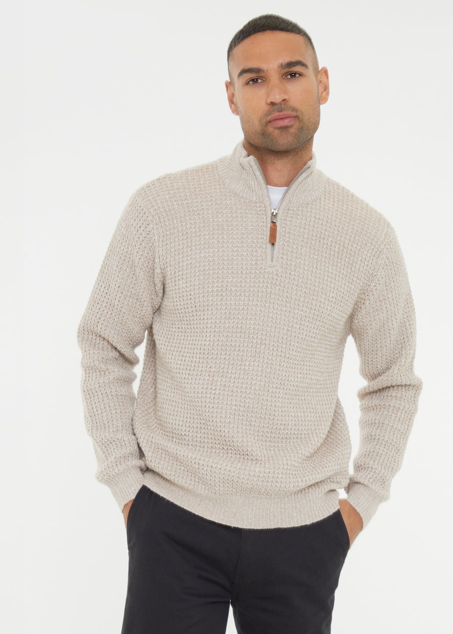 Threadbare Natural Waffle Knit Quarter Zip Jumper