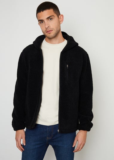 Threadbare Black Zip Through Borg Hoodie