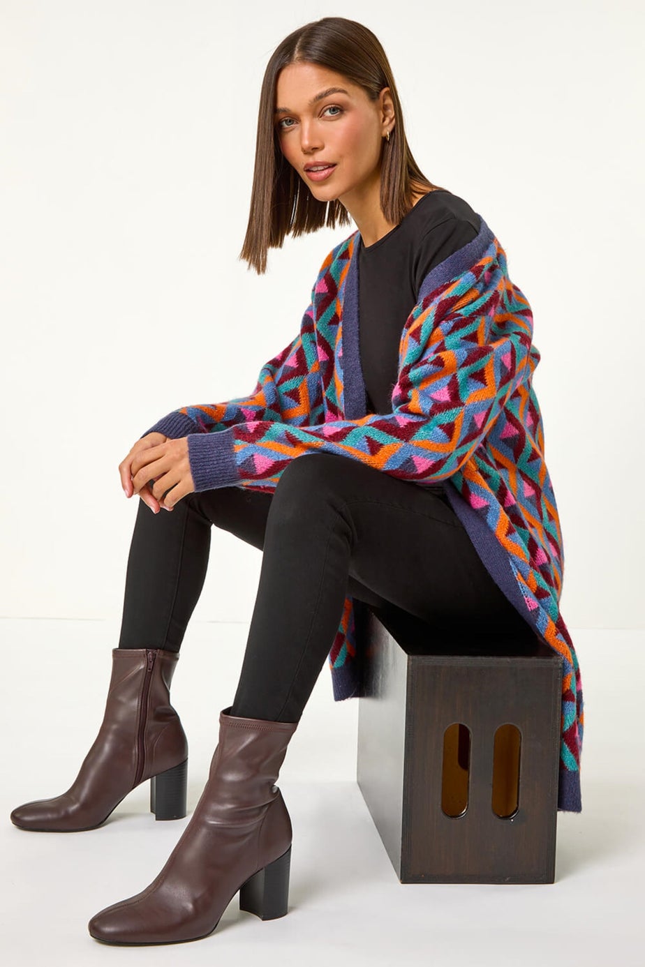 Roman Teal Geometric Patterned Cardigan