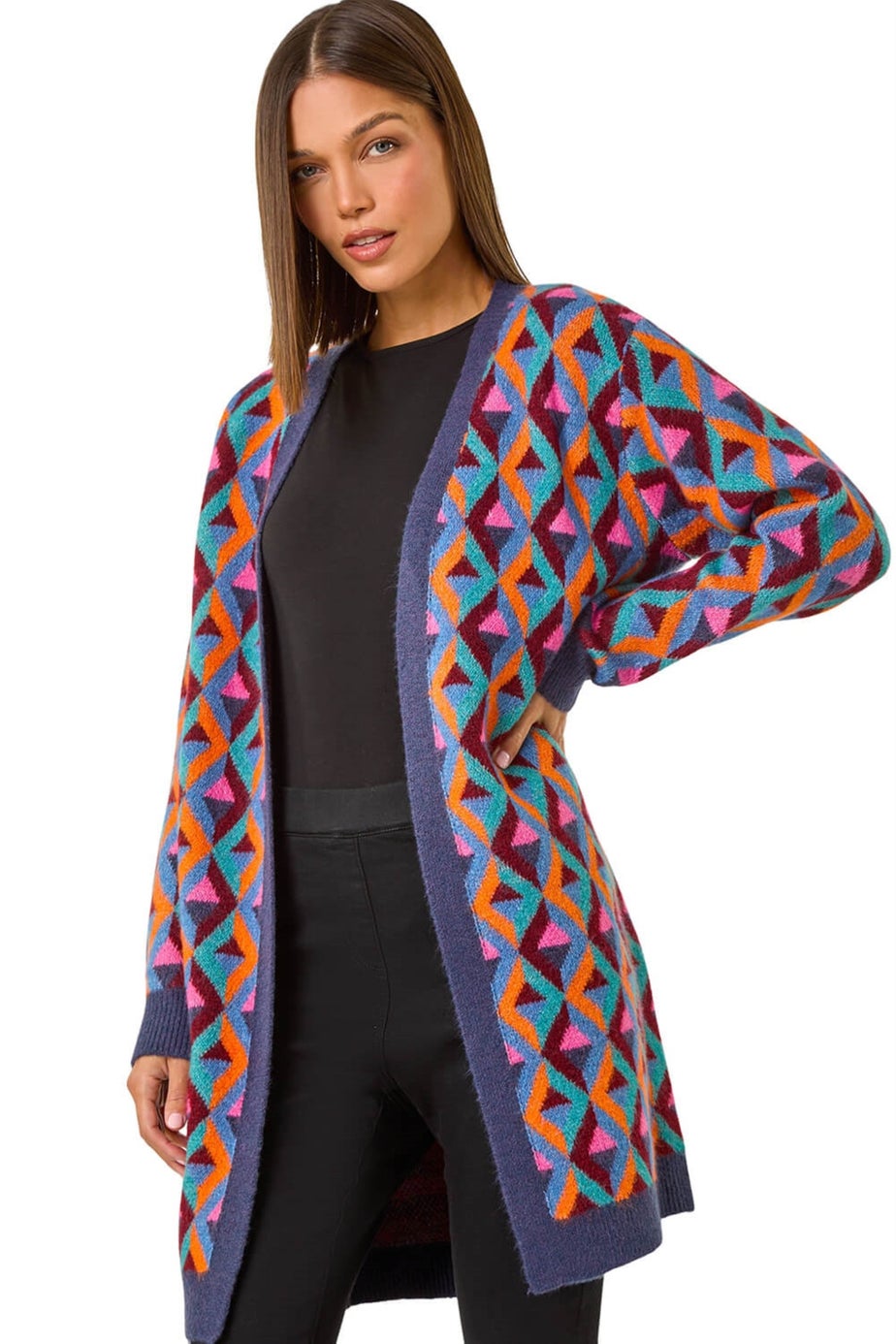 Roman Teal Geometric Patterned Cardigan
