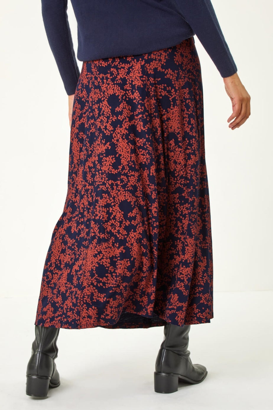 Roman Navy Foliage Floral Print Stretch Midi Skirt