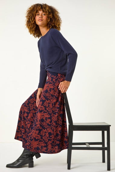 Roman Navy Foliage Floral Print Stretch Midi Skirt