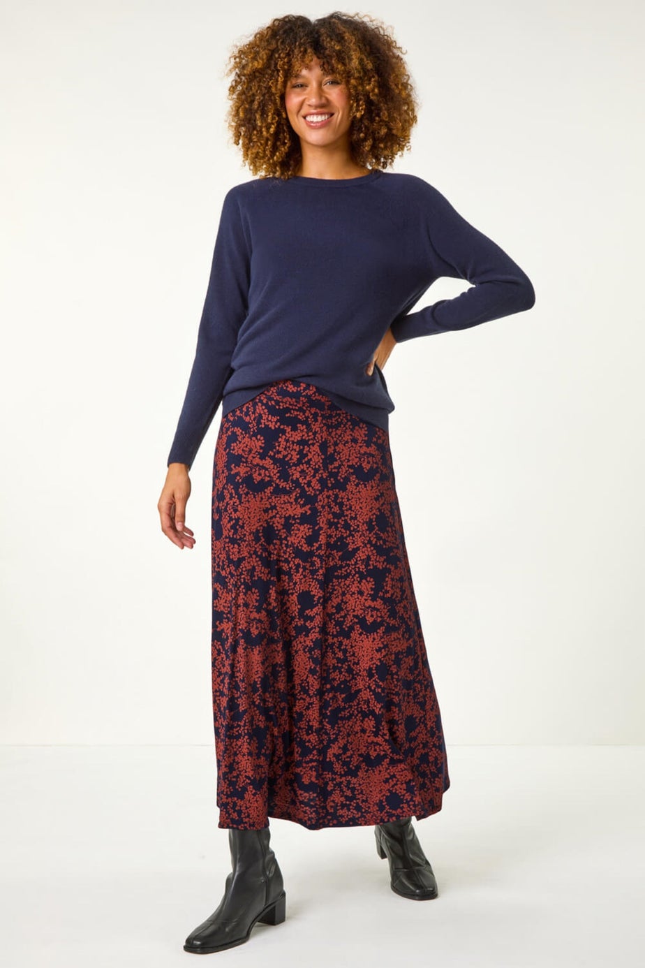 Roman Navy Foliage Floral Print Stretch Midi Skirt