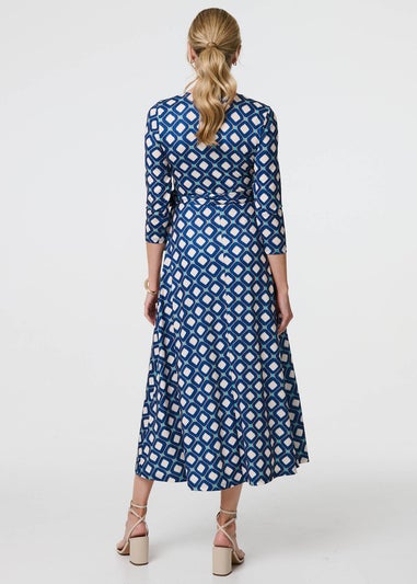 Izabel London Blue Geo Print 3/4 Sleeve Midi Wrap Dress