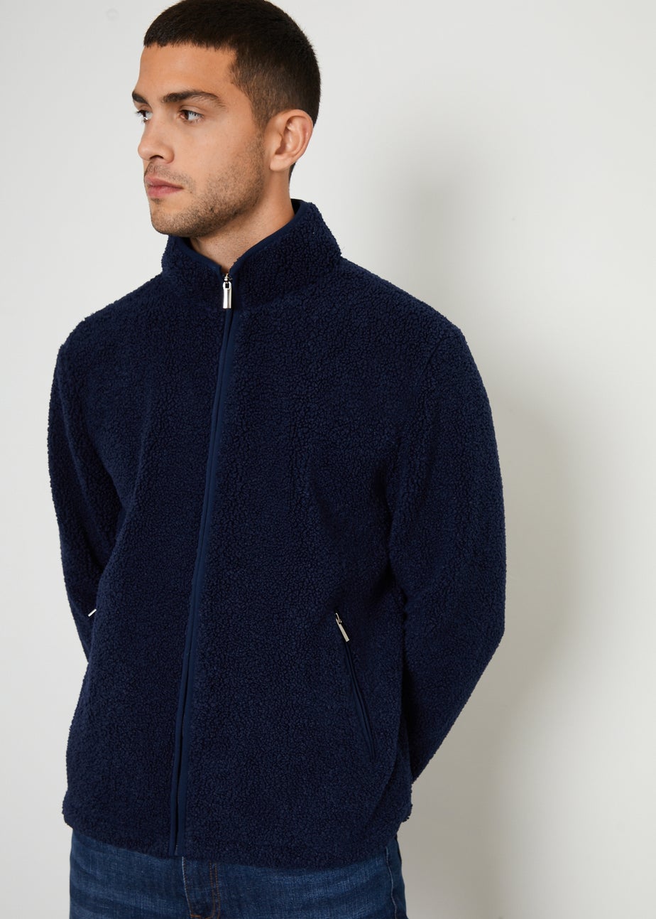 Threadbare Navy Zip Through Funnel Neck Borg Fleece