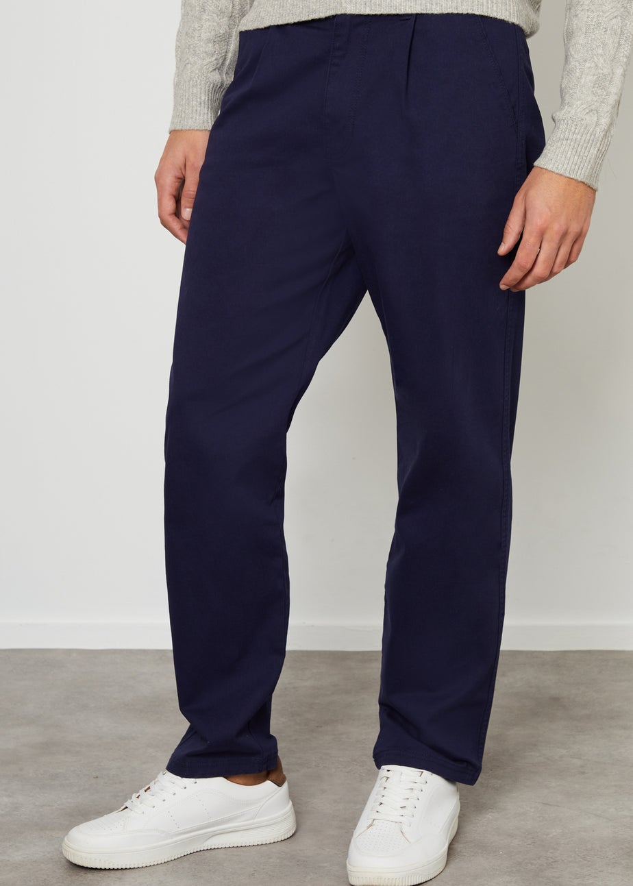 Threadbare Navy Cotton Straight Leg Pleated Chino Trousers With Stretch