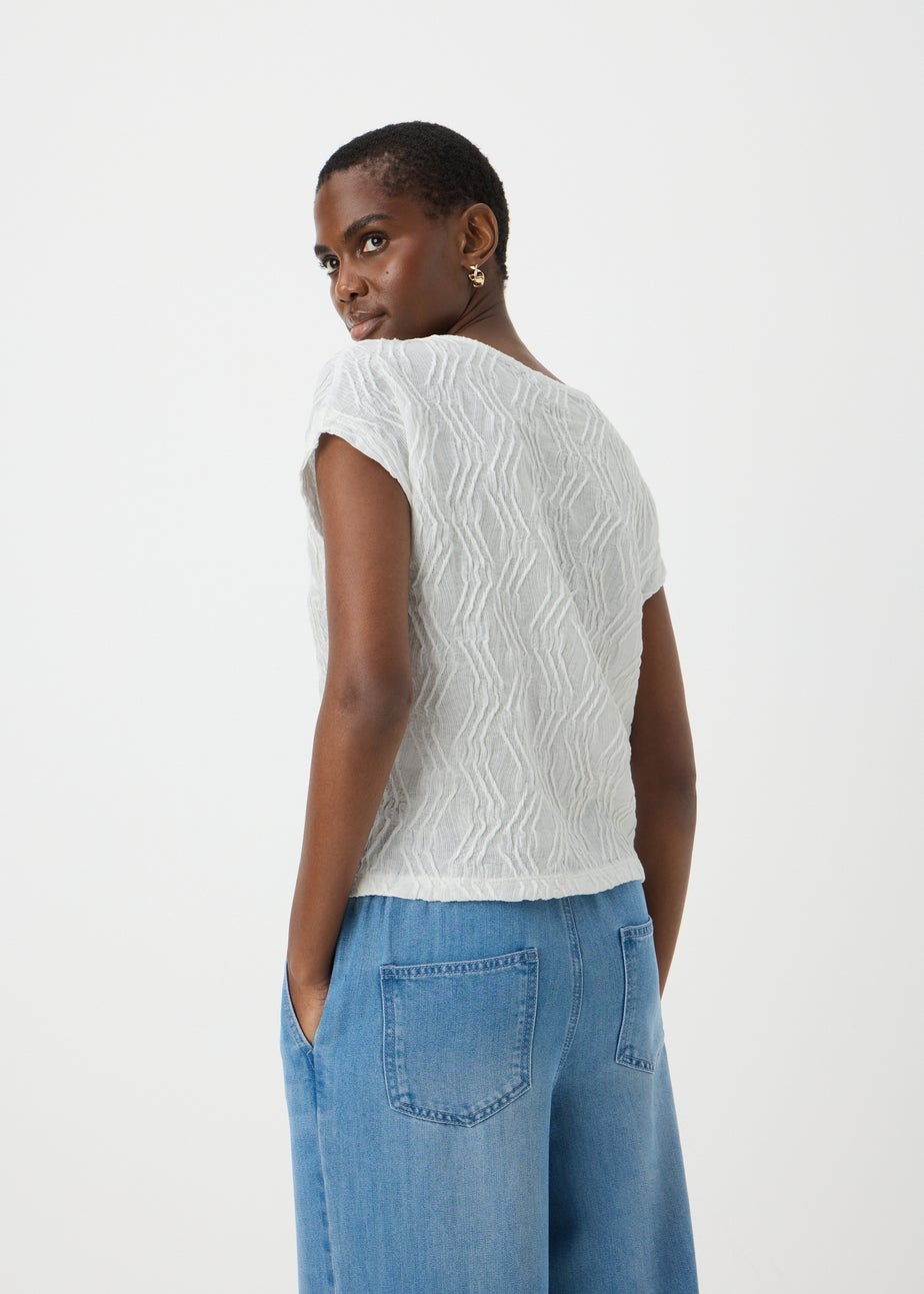 Cream Wavy Textured Crew Neck T-Shirt