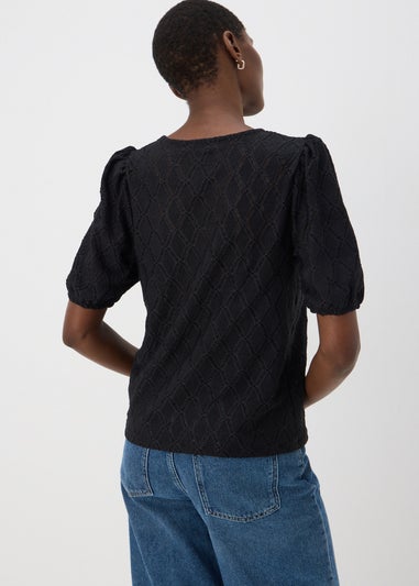 Black Textured Puff Sleeve Top