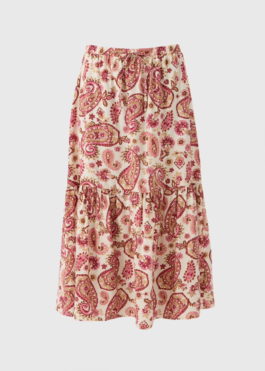 Pink Paisley Print Tiered Midaxi Skirt