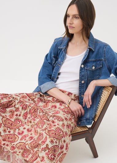 Pink Paisley Print Tiered Midaxi Skirt