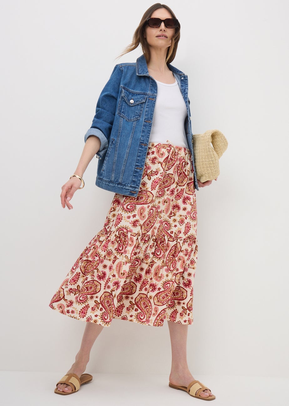 Pink Paisley Print Tiered Midaxi Skirt