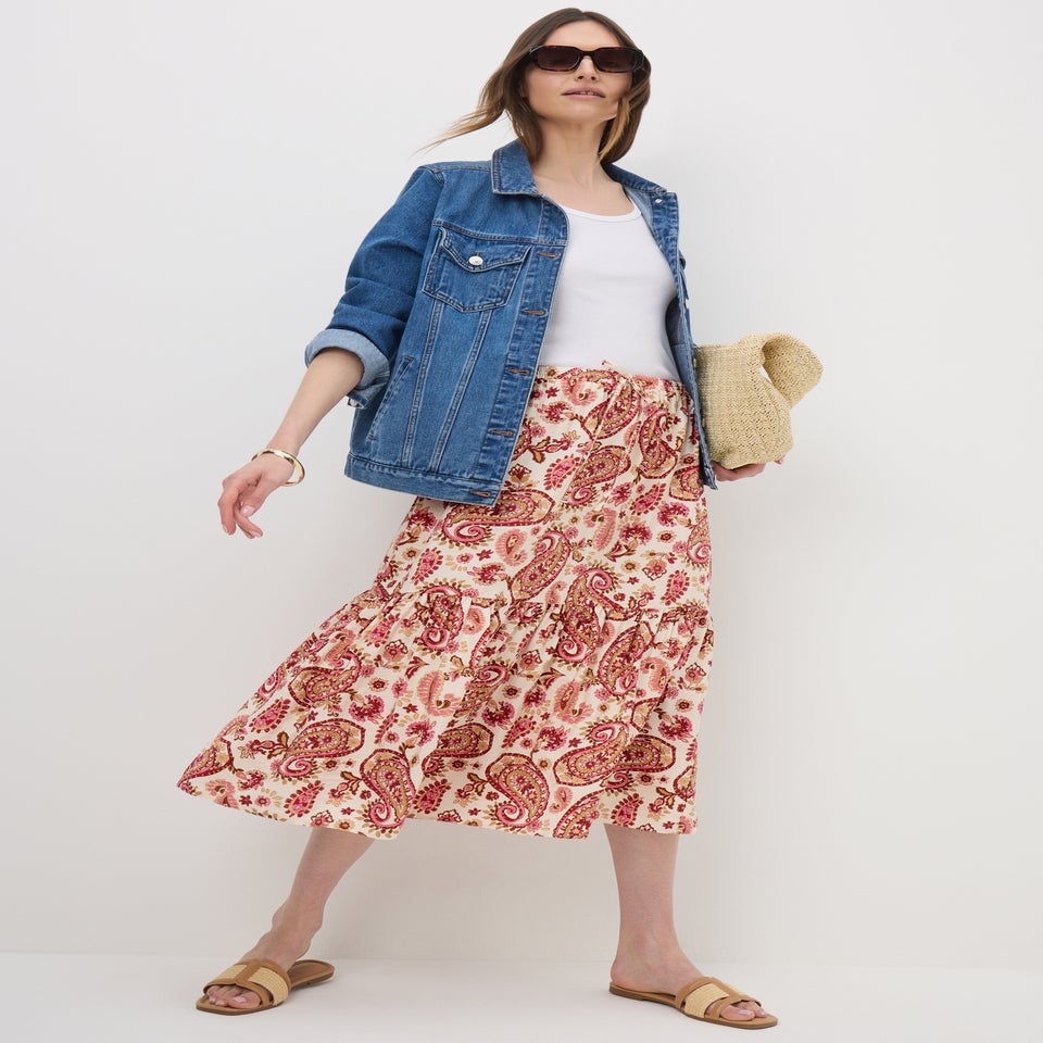 Pink Paisley Print Tiered Midaxi Skirt