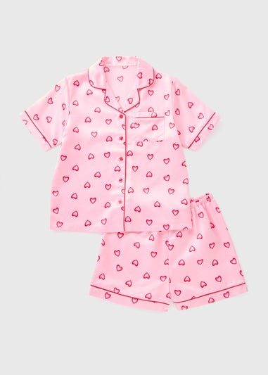 Girls Pink Hearts Satin Pyjama Shorts Set (4-13yrs)