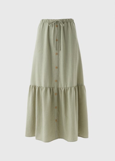Sage Green Tiered Button Front Midaxi Skirt
