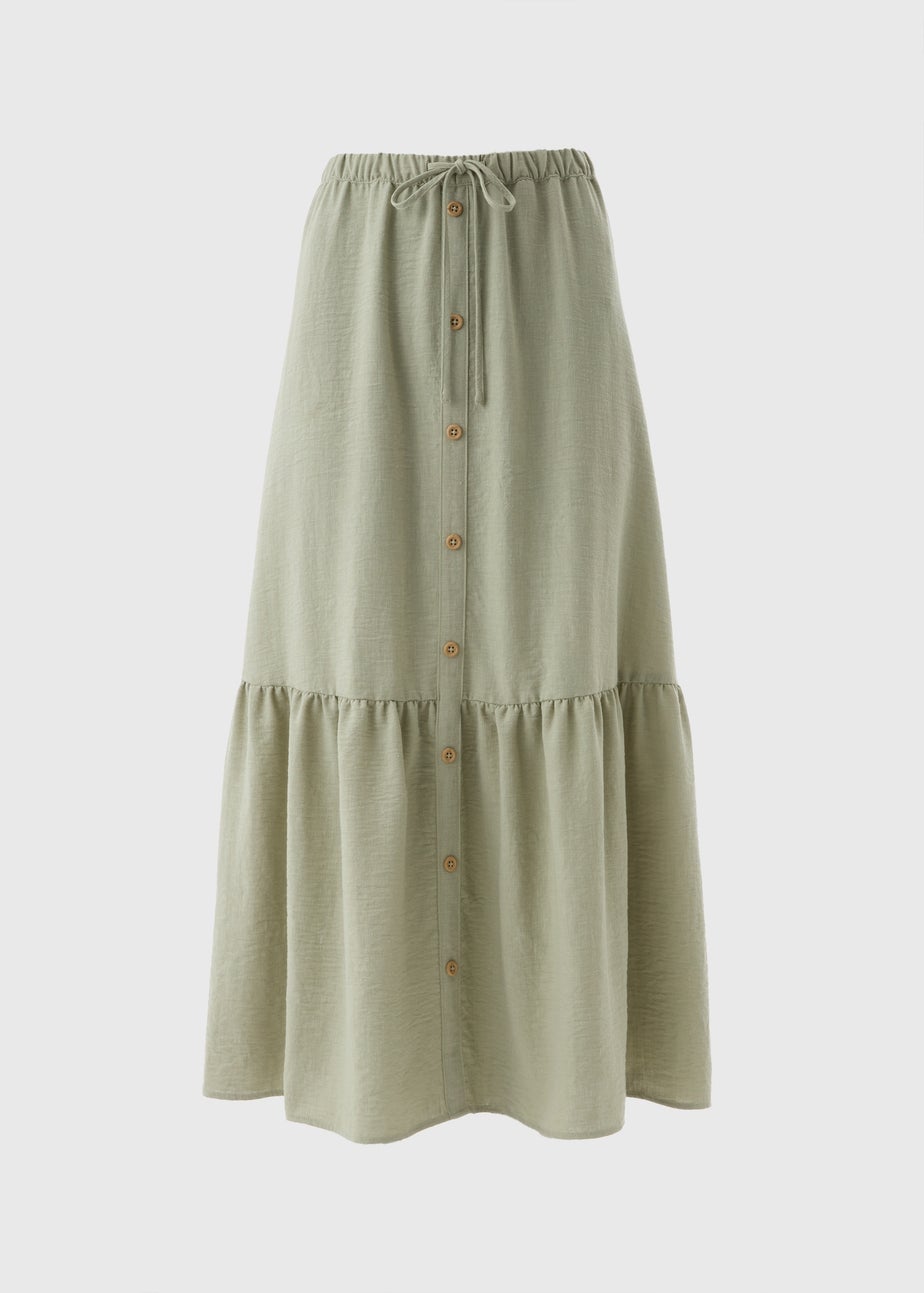 Sage Green Tiered Button Front Midaxi Skirt