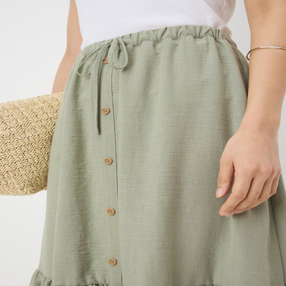Sage Green Tiered Button Front Midaxi Skirt