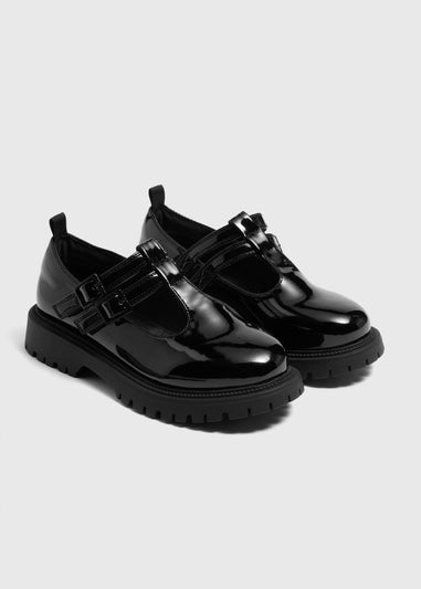 Girls Black Patent Double Strap T Bar School Shoes (Younger 10-Older 6)