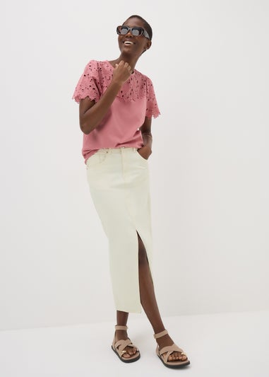 Cream Denim Midi Skirt